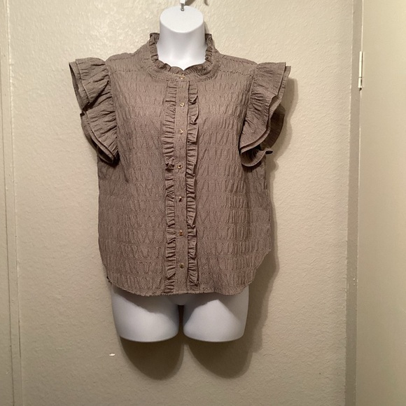 DKNY Brown Flutter Sleeve Blouse with Mandarin Collar XL - Picture 1 of 7